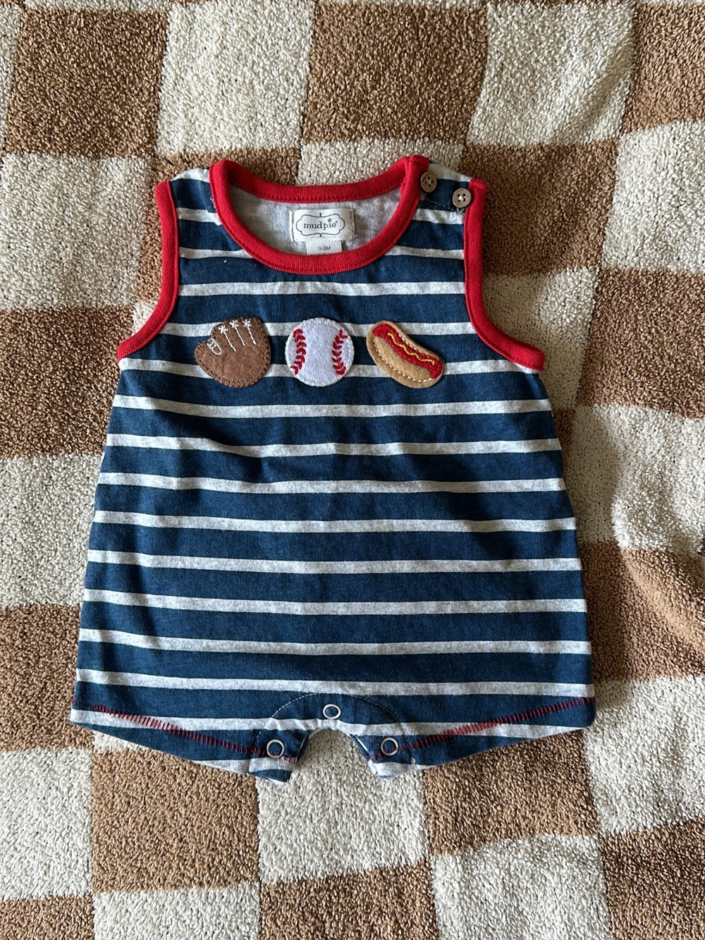 Mud Pie Navy and White Striped Baby Romper with Red Trim